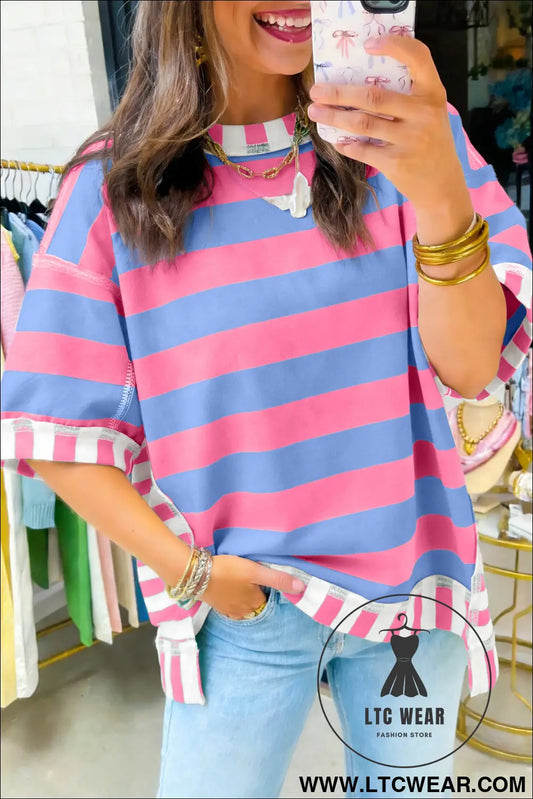 Pink Stripe Exposed Seam Contrast Patchwork Oversized Top - L.T.C Wear Online Fashion Store