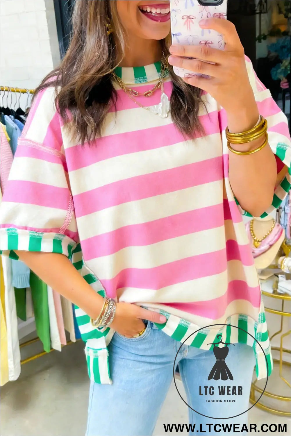 Pink Stripe Exposed Seam Contrast Patchwork Oversized Top - L.T.C Wear Online Fashion Store