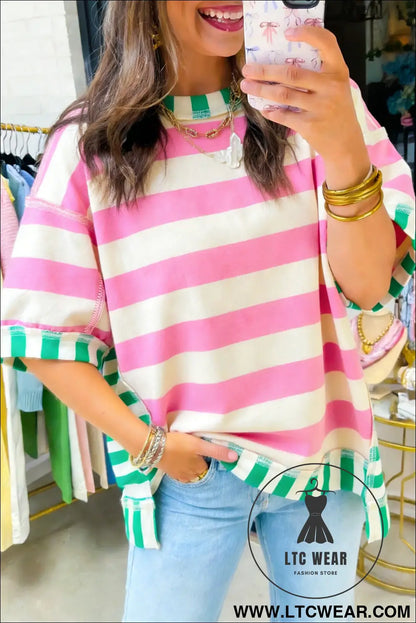 Pink Stripe Exposed Seam Contrast Patchwork Oversized Top - L.T.C Wear Online Fashion Store
