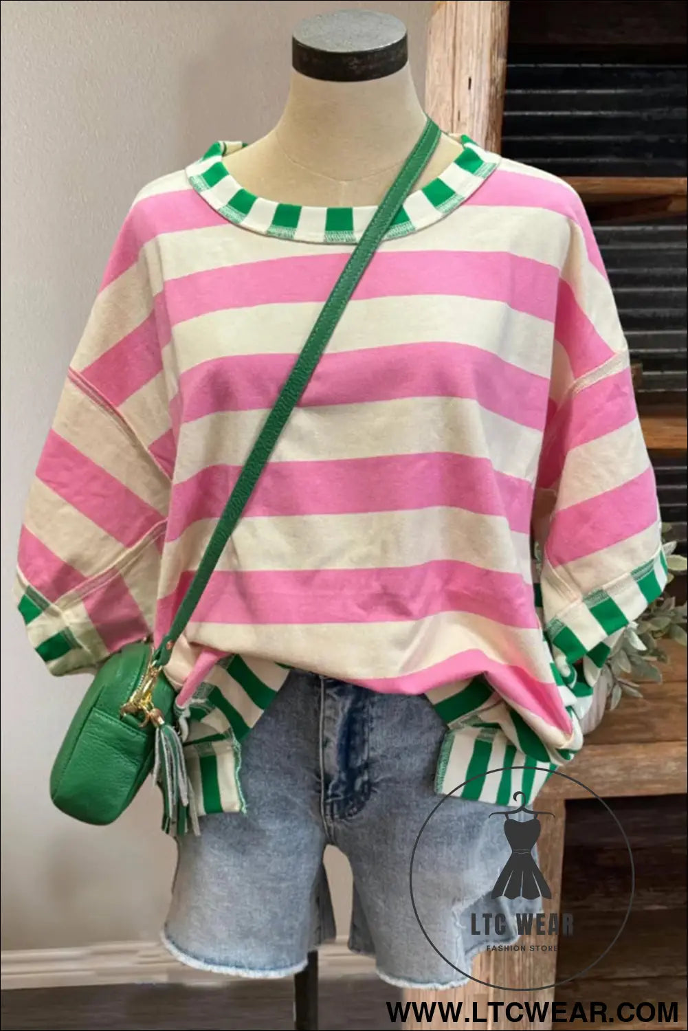 Pink Stripe Exposed Seam Contrast Patchwork Oversized Top - L.T.C Wear Online Fashion Store