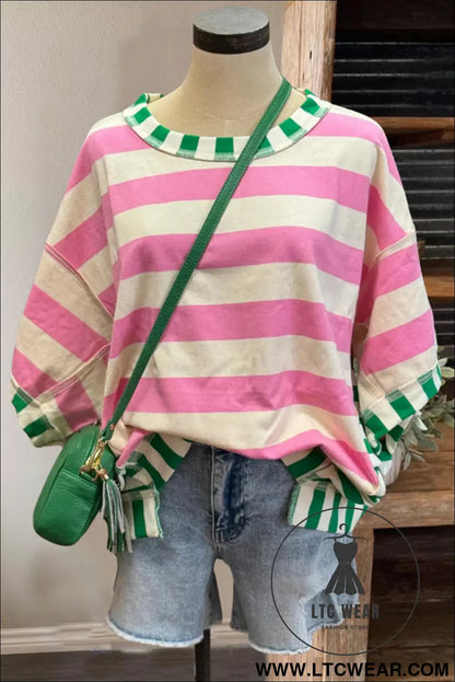 Pink Stripe Exposed Seam Contrast Patchwork Oversized Top - L.T.C Wear Online Fashion Store