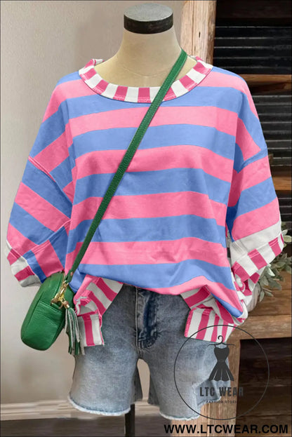 Pink Stripe Exposed Seam Contrast Patchwork Oversized Top - L.T.C Wear Online Fashion Store