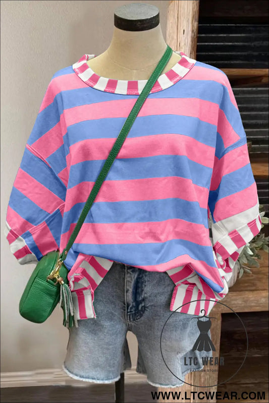 Pink Stripe Exposed Seam Contrast Patchwork Oversized Top - L.T.C Wear Online Fashion Store