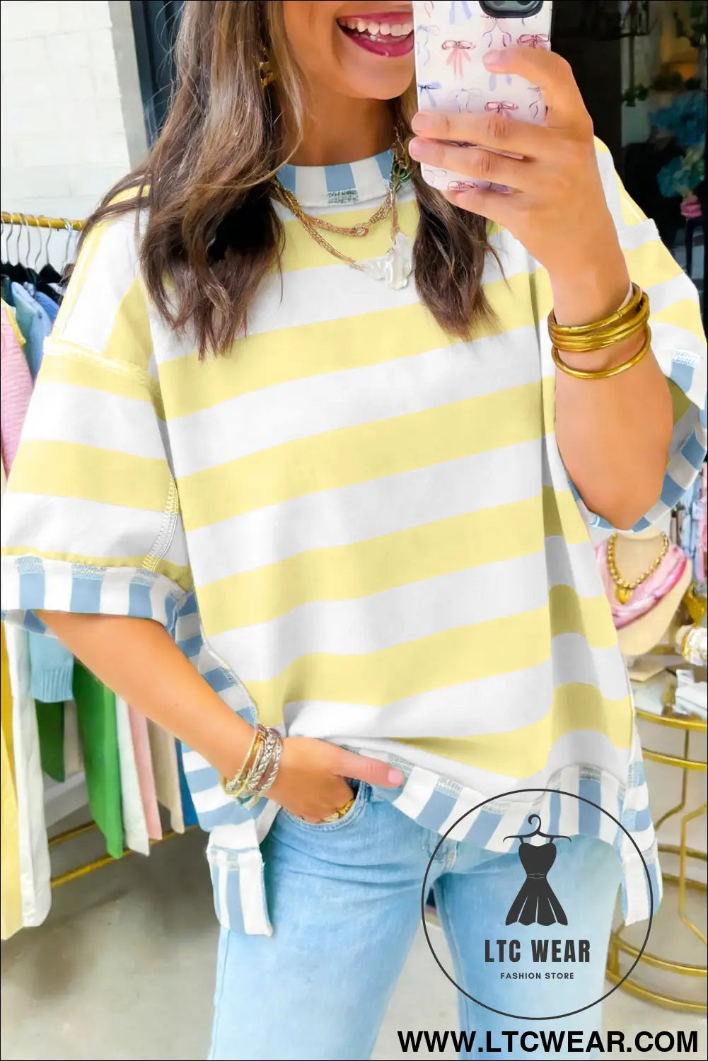 Pink Stripe Exposed Seam Contrast Patchwork Oversized Top - L.T.C Wear Online Fashion Store