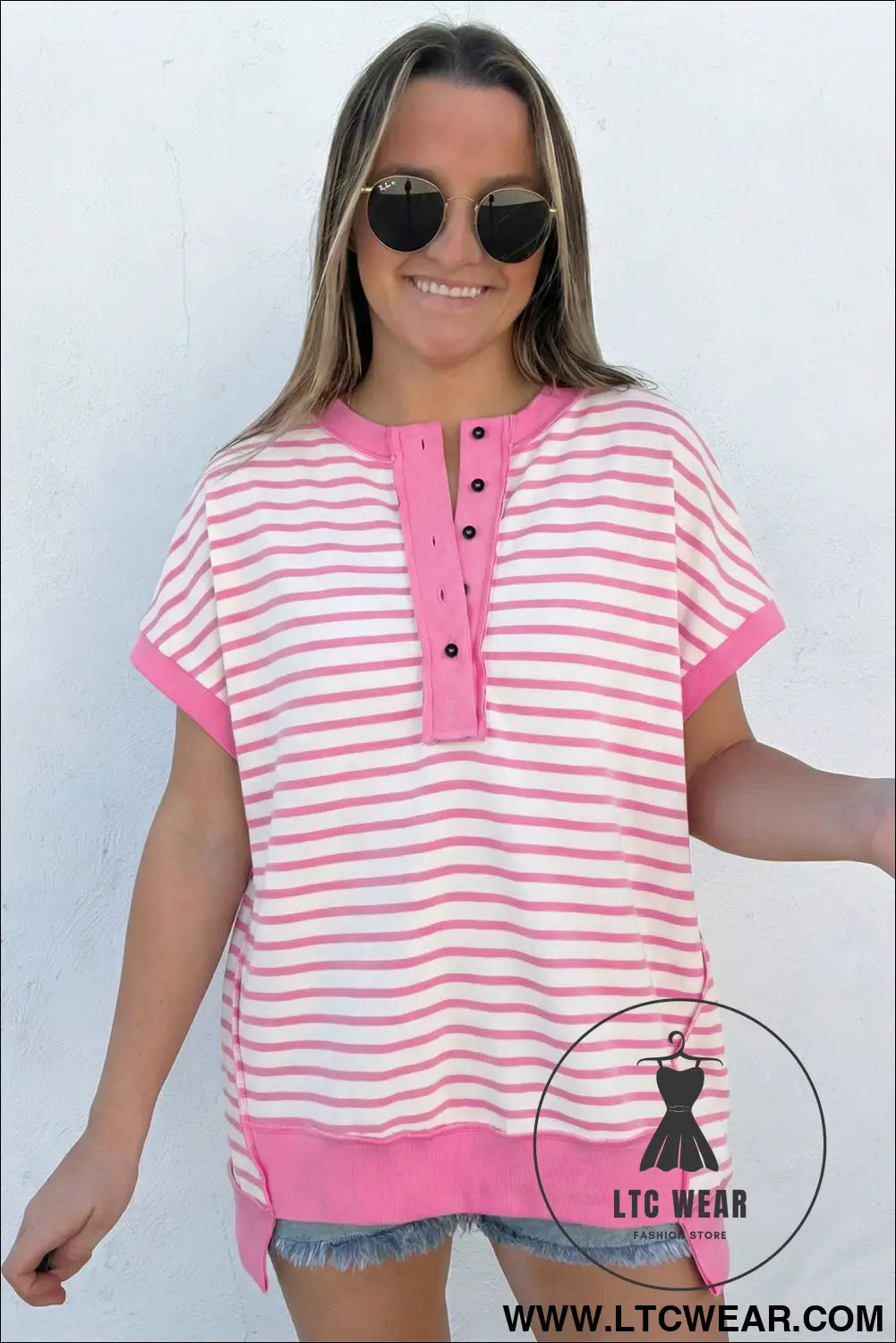 Pink stripe half placket high low short sleeve top - 30%