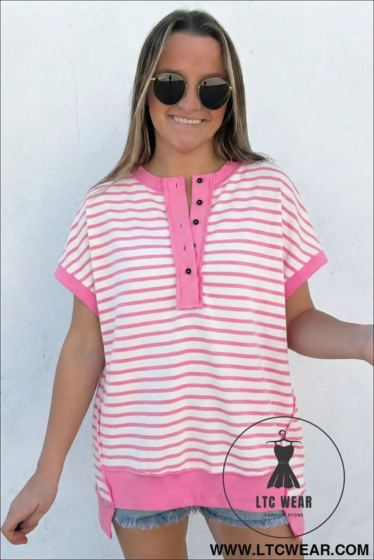 Pink stripe half placket high low short sleeve top - 30%
