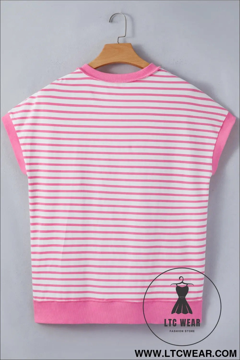 Pink stripe half placket high low short sleeve top - 30%