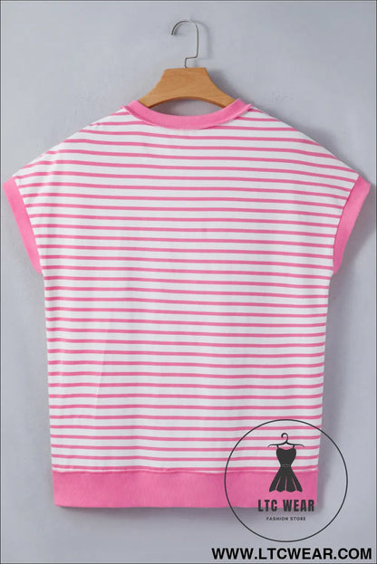 Pink stripe half placket high low short sleeve top - 30%