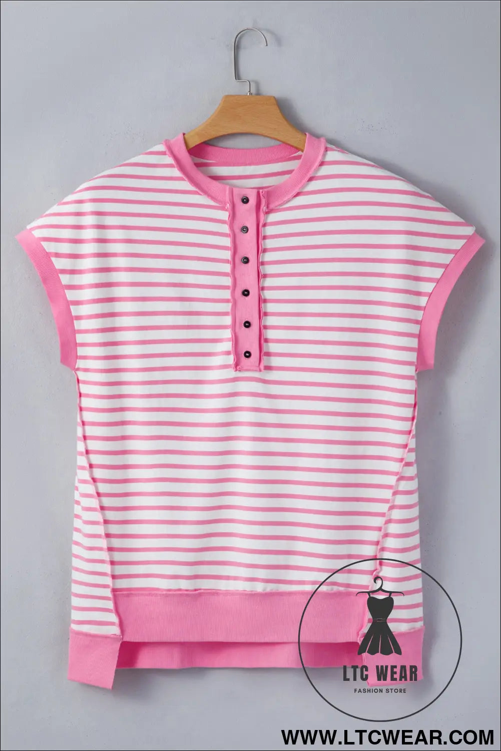 Pink stripe half placket high low short sleeve top - 30%