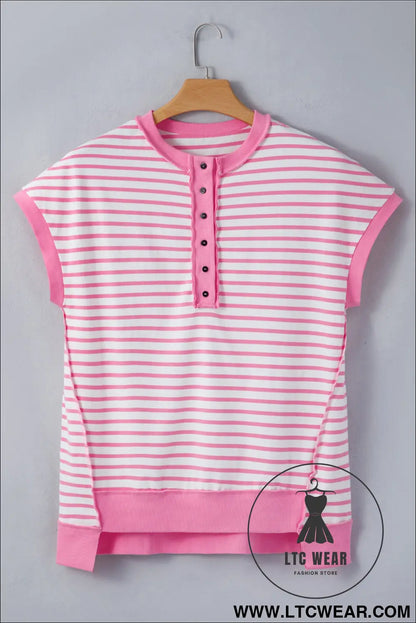 Pink stripe half placket high low short sleeve top - 30%