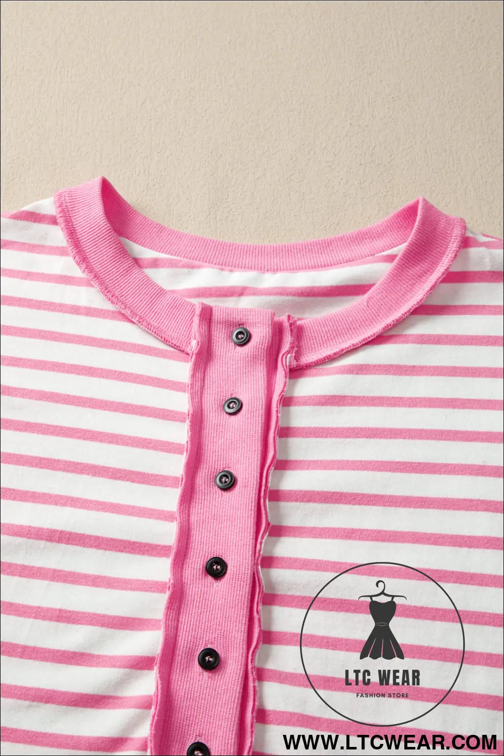 Pink stripe half placket high low short sleeve top - 30%