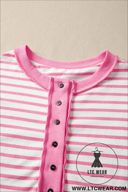 Pink stripe half placket high low short sleeve top - 30%