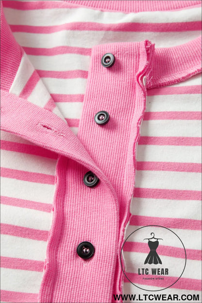 Pink stripe half placket high low short sleeve top - 30%