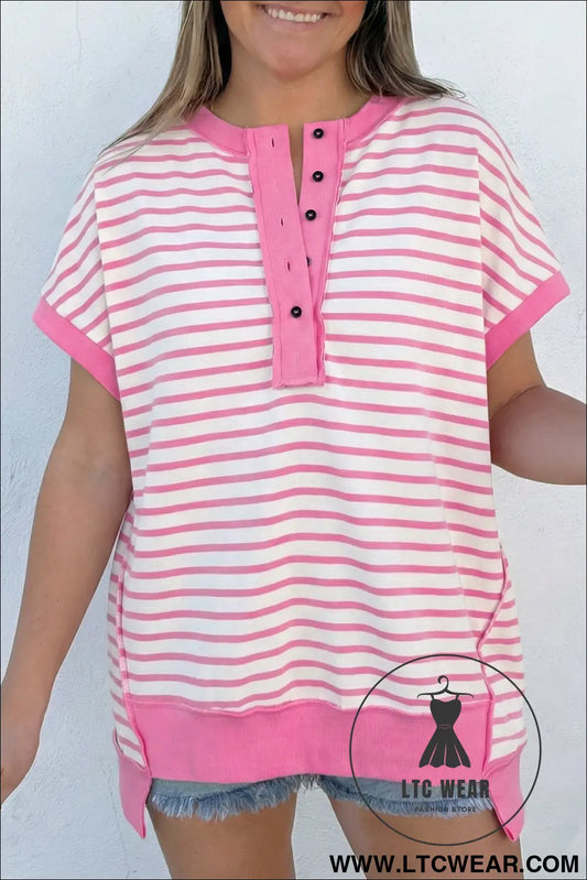Pink stripe half placket high low short sleeve top - pink stripe / l / 95% cotton + 5% elastane - 30%
