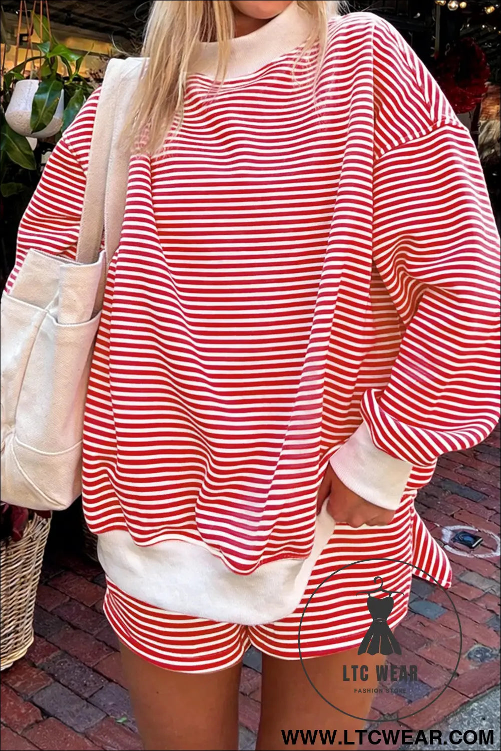 Pink Stripe Oversize Mock Neck Sweatshirt and Shorts Set - L.T.C Wear Online Fashion Store