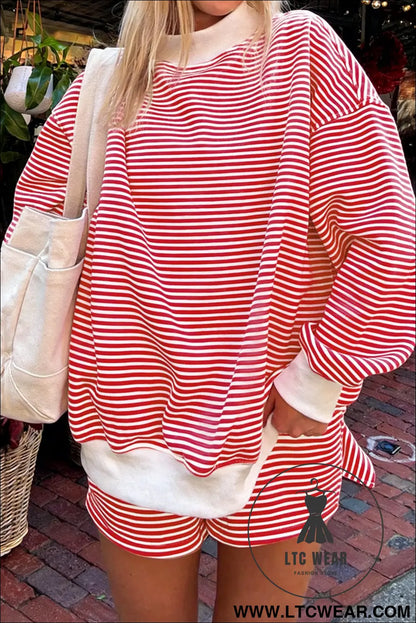 Pink Stripe Oversize Mock Neck Sweatshirt and Shorts Set - L.T.C Wear Online Fashion Store