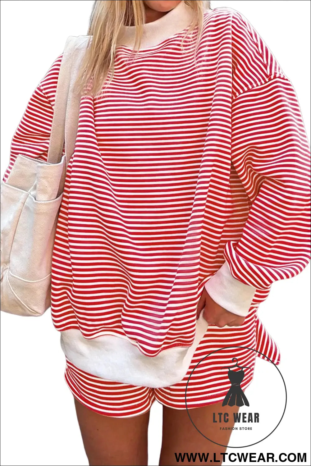 Pink Stripe Oversize Mock Neck Sweatshirt and Shorts Set - L.T.C Wear Online Fashion Store