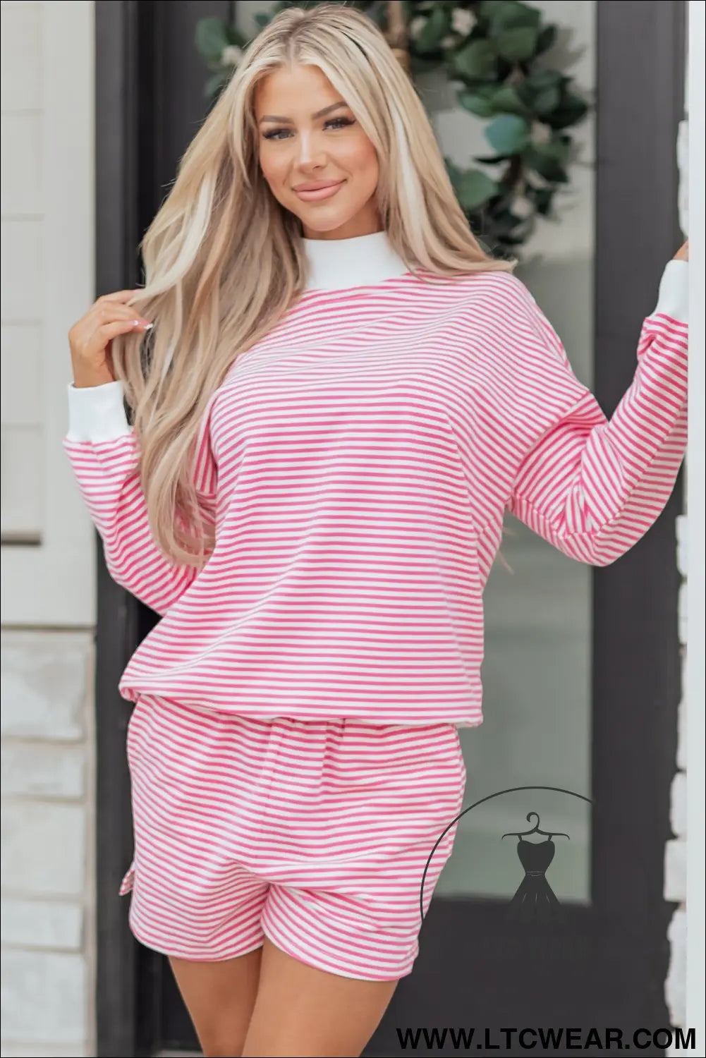 Pink Stripe Oversize Mock Neck Sweatshirt and Shorts Set - L.T.C Wear Online Fashion Store
