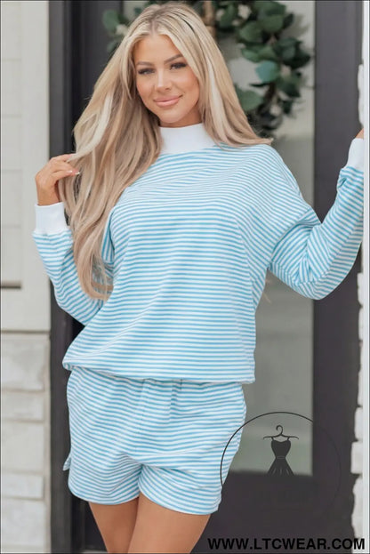 Pink Stripe Oversize Mock Neck Sweatshirt and Shorts Set - L.T.C Wear Online Fashion Store