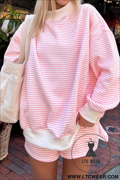 Pink Stripe Oversize Mock Neck Sweatshirt and Shorts Set - L.T.C Wear Online Fashion Store