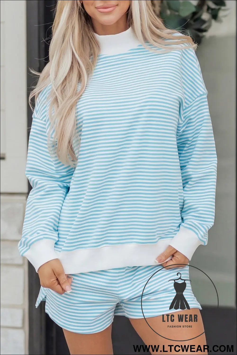 Pink Stripe Oversize Mock Neck Sweatshirt and Shorts Set - L.T.C Wear Online Fashion Store