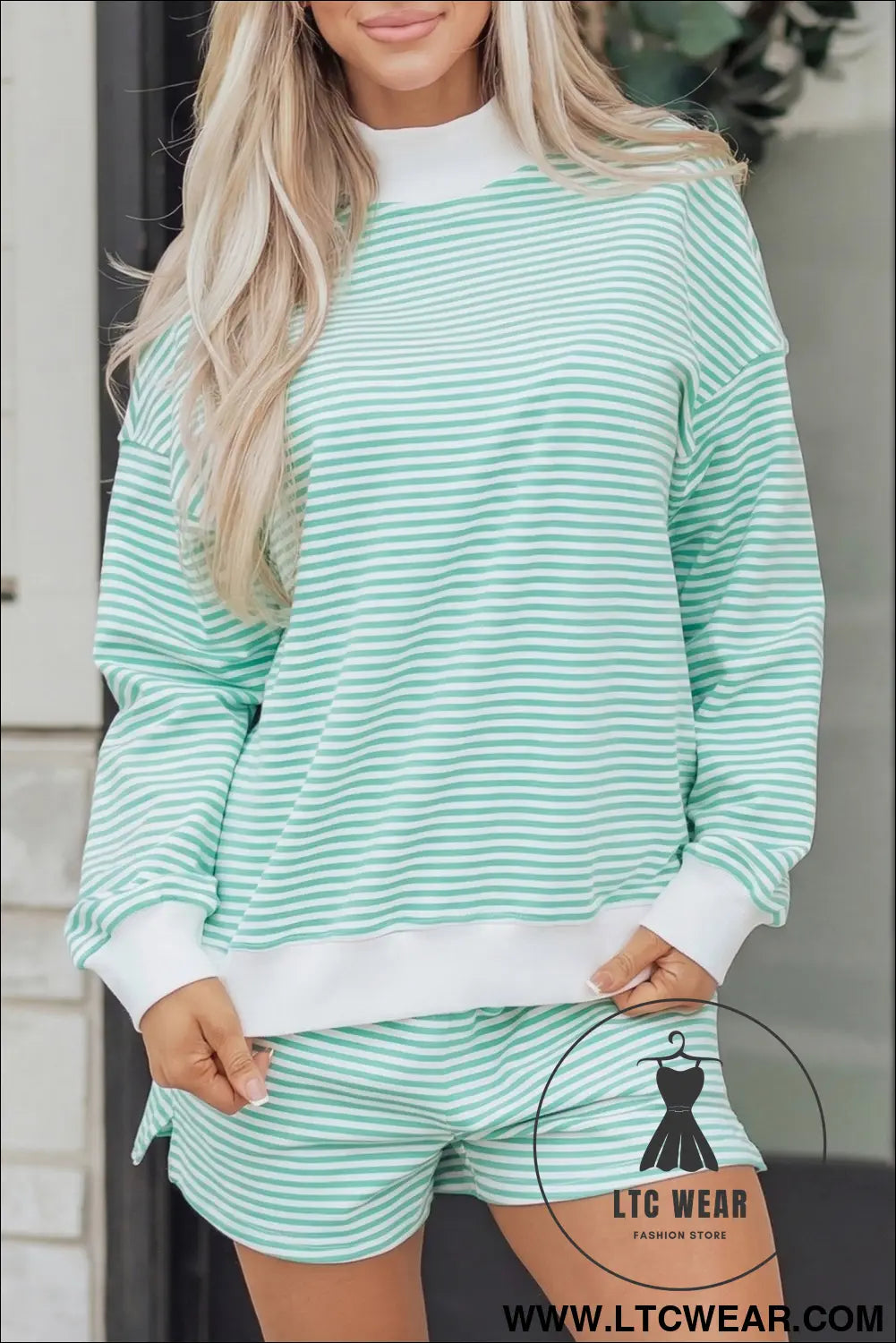 Pink Stripe Oversize Mock Neck Sweatshirt and Shorts Set - L.T.C Wear Online Fashion Store