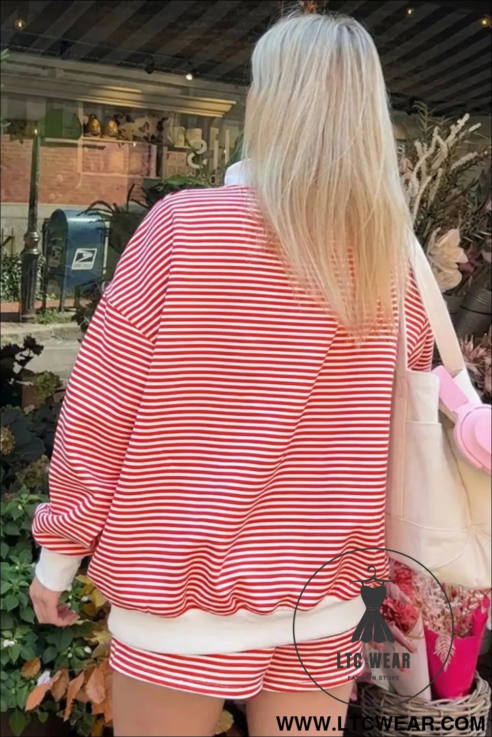 Pink Stripe Oversize Mock Neck Sweatshirt and Shorts Set - L.T.C Wear Online Fashion Store