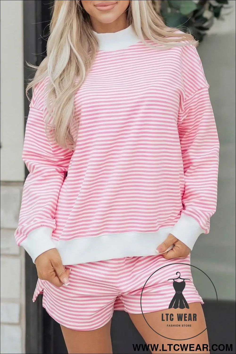 Pink Stripe Oversize Mock Neck Sweatshirt and Shorts Set