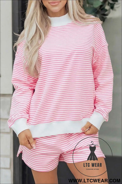 Pink Stripe Oversize Mock Neck Sweatshirt and Shorts Set