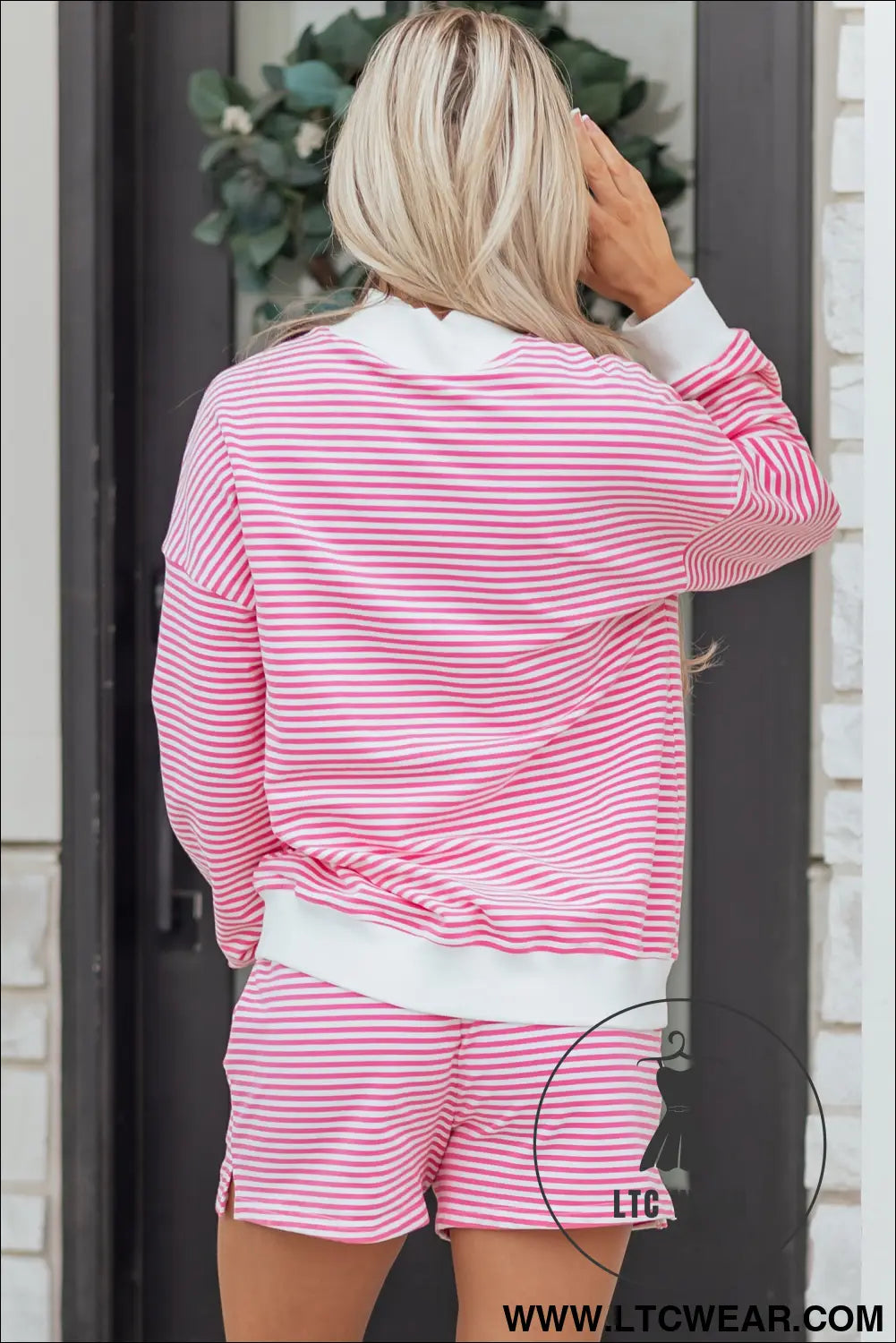 Pink Stripe Oversize Mock Neck Sweatshirt and Shorts Set - L.T.C Wear Online Fashion Store