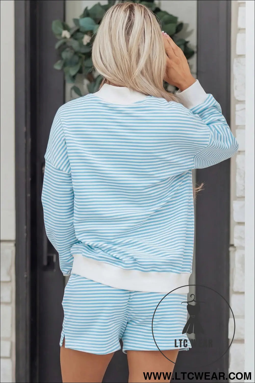 Pink Stripe Oversize Mock Neck Sweatshirt and Shorts Set - L.T.C Wear Online Fashion Store