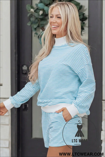 Pink Stripe Oversize Mock Neck Sweatshirt and Shorts Set - L.T.C Wear Online Fashion Store