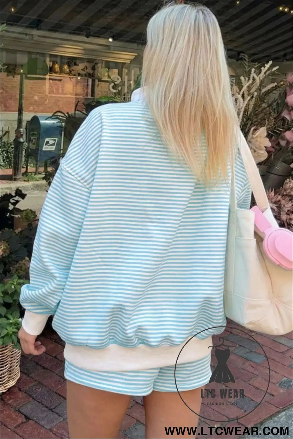 Pink Stripe Oversize Mock Neck Sweatshirt and Shorts Set - L.T.C Wear Online Fashion Store