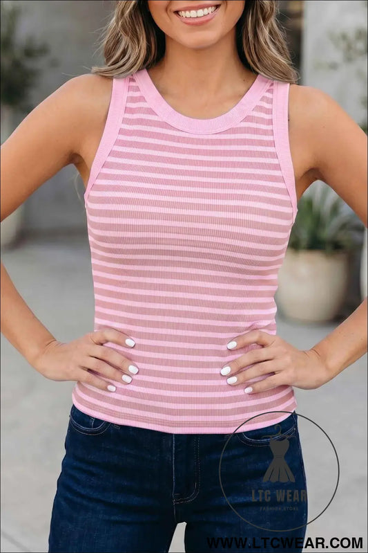 Pink Stripe Ribbed Knit Slim Tank Top