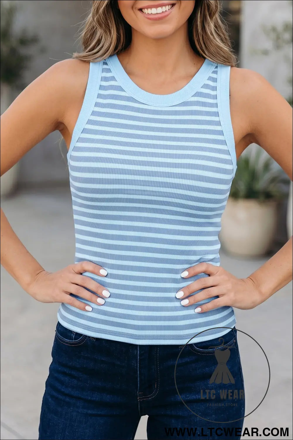 Pink Stripe Ribbed Knit Slim Tank Top - L.T.C Wear Online Fashion Store
