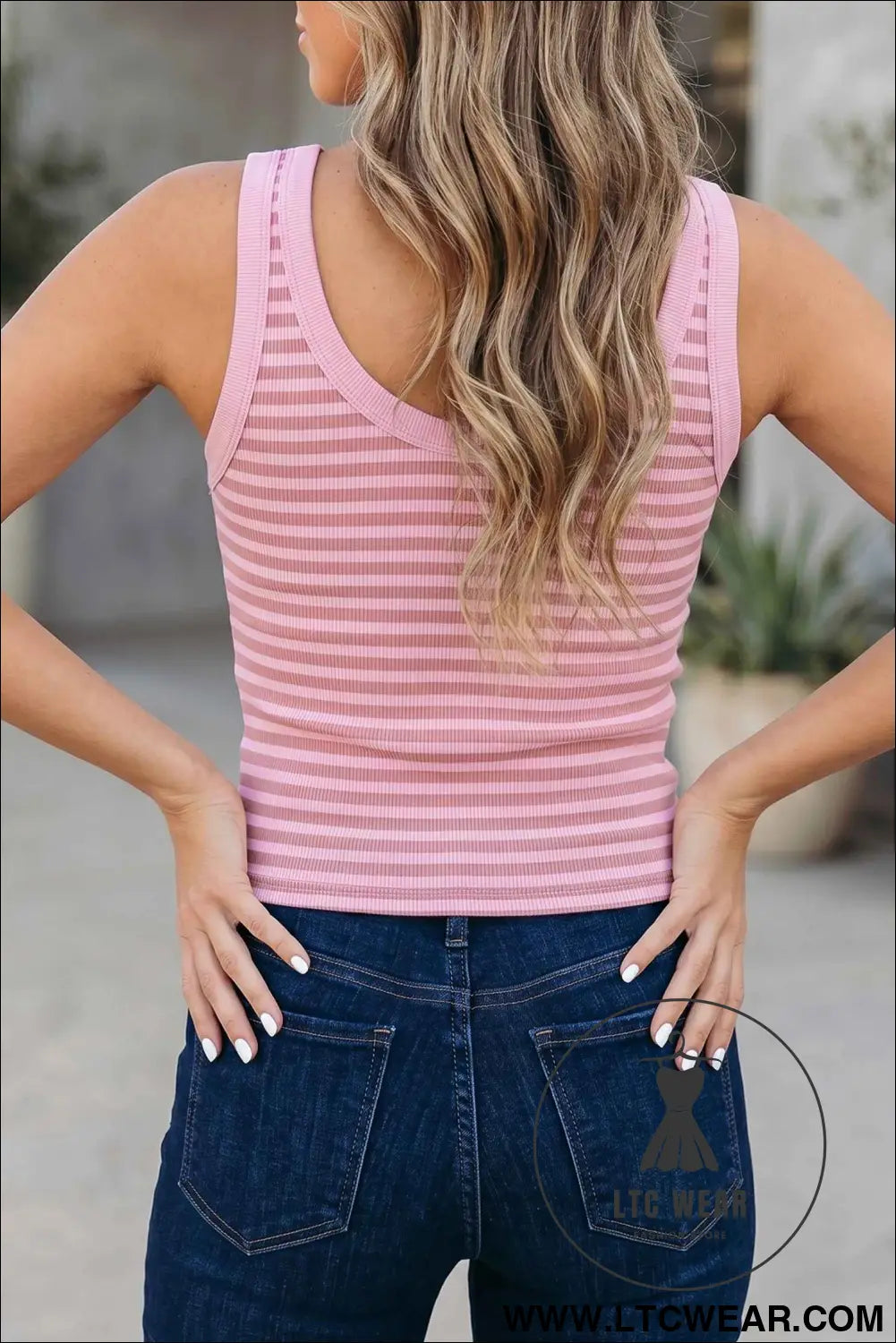 Pink Stripe Ribbed Knit Slim Tank Top