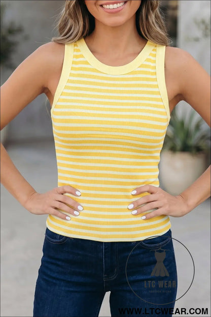 Pink Stripe Ribbed Knit Slim Tank Top - L.T.C Wear Online Fashion Store