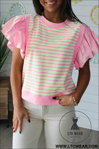 Pink stripe ruffled short sleeve patchwork blouse - blouses & shirts