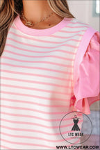 Pink stripe ruffled short sleeve patchwork blouse - blouses & shirts
