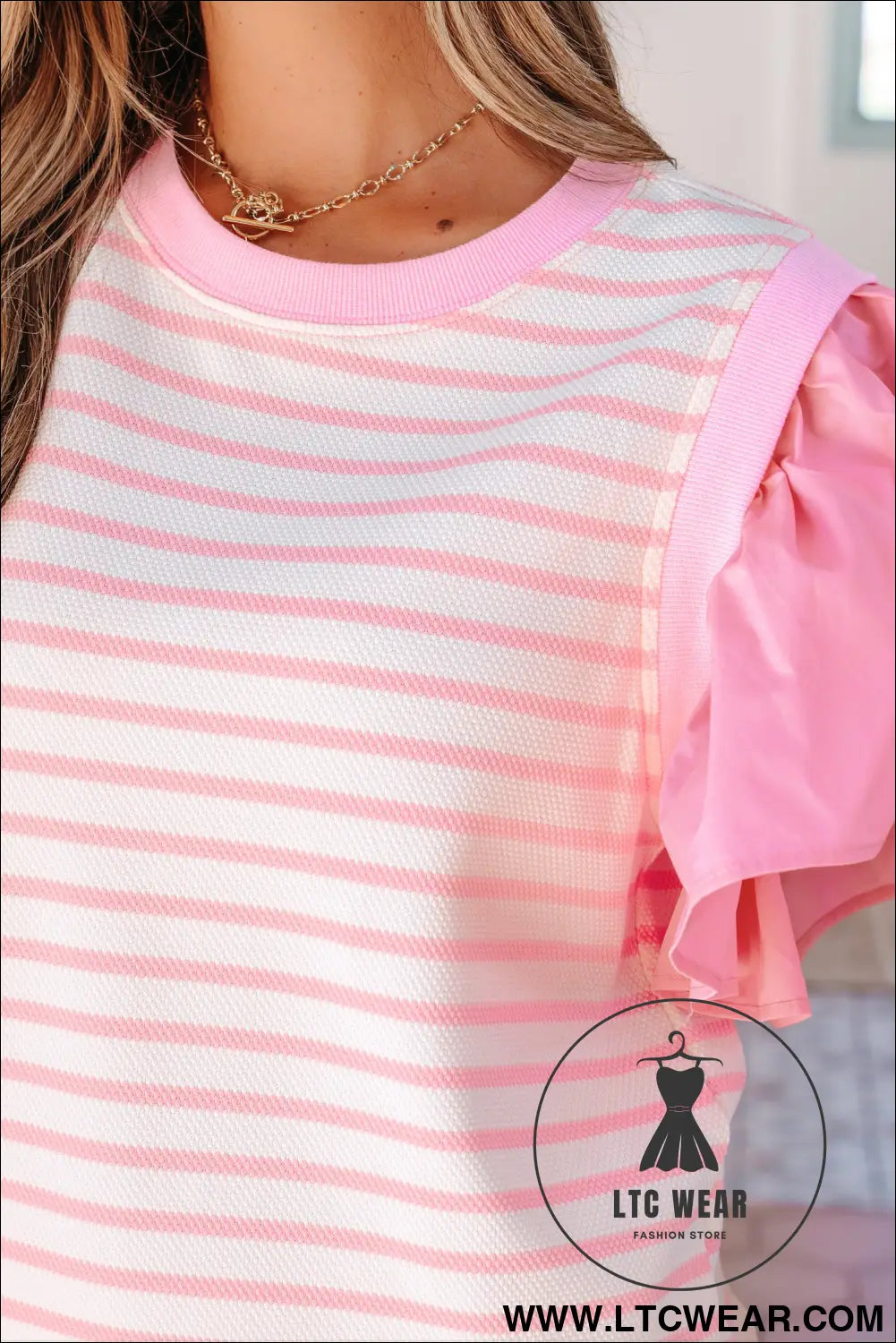 Pink stripe ruffled short sleeve patchwork blouse - blouses & shirts