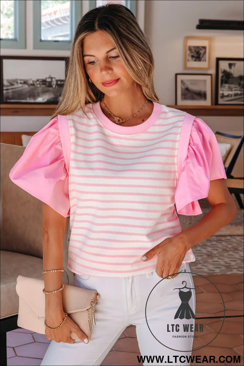 Pink stripe ruffled short sleeve patchwork blouse - blouses & shirts