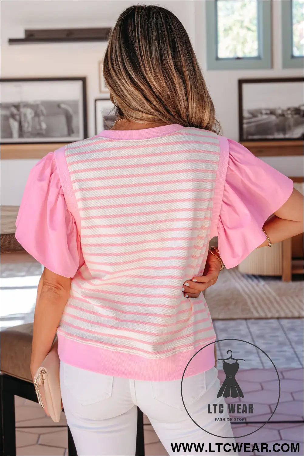 Pink stripe ruffled short sleeve patchwork blouse - blouses & shirts