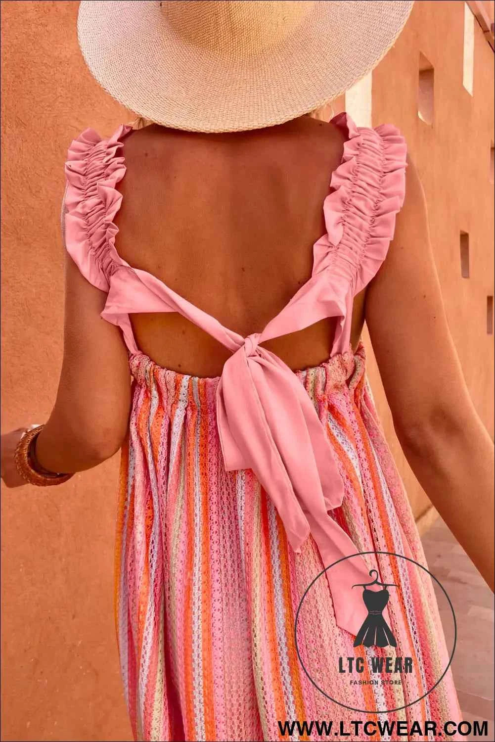 Pink Stripe Ruffled Straps Ribbon Knot Flowy Vacation Maxi Dress