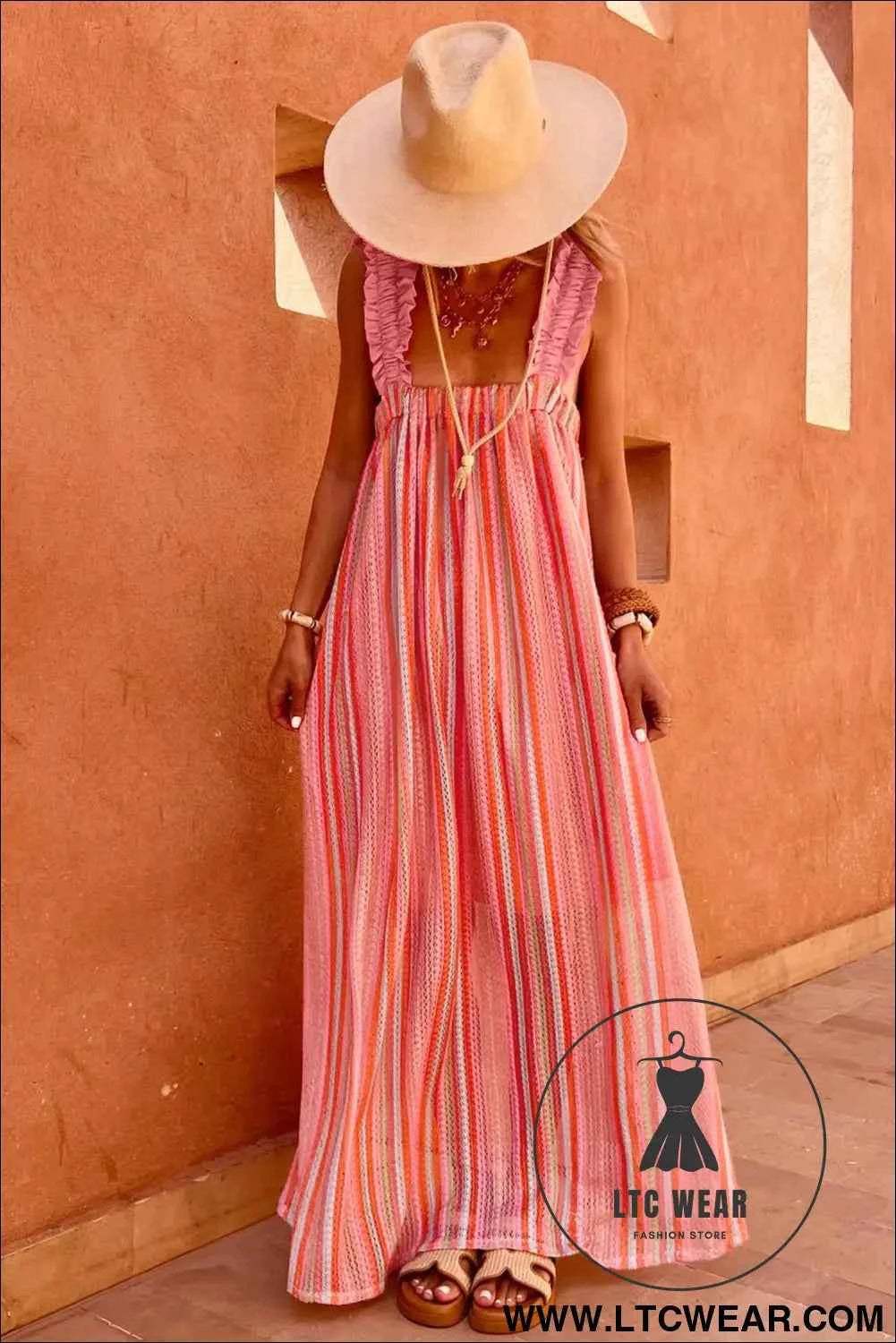 Pink Stripe Ruffled Straps Ribbon Knot Flowy Vacation Maxi Dress