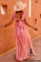 Pink Stripe Ruffled Straps Ribbon Knot Flowy Vacation Maxi Dress