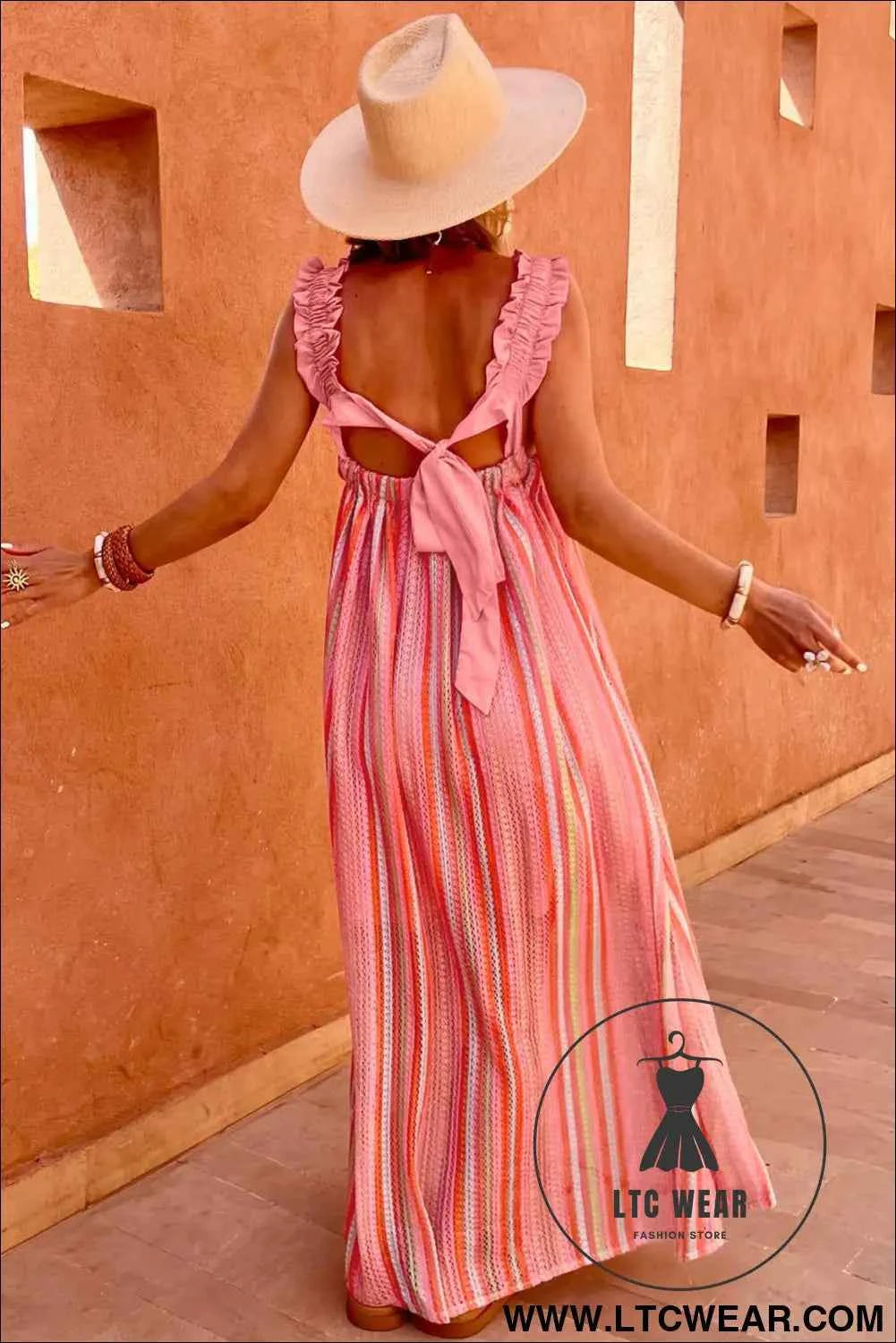 Pink Stripe Ruffled Straps Ribbon Knot Flowy Vacation Maxi Dress
