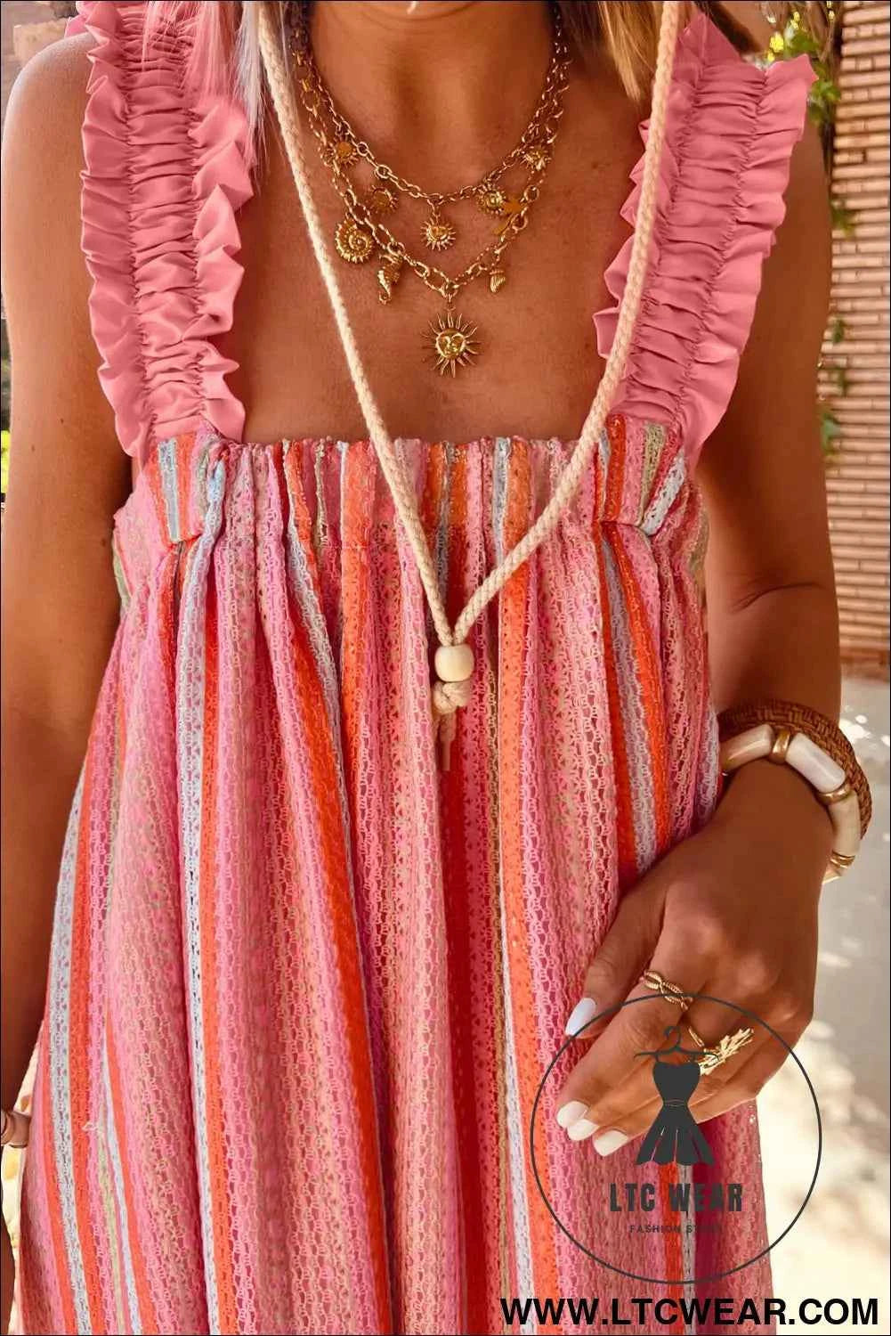 Pink Stripe Ruffled Straps Ribbon Knot Flowy Vacation Maxi Dress