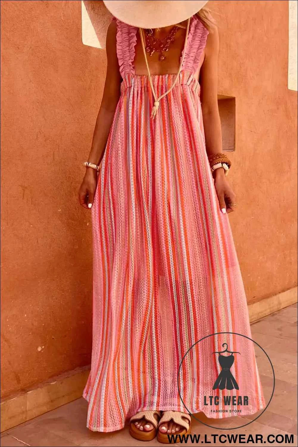 Pink Stripe Ruffled Straps Ribbon Knot Flowy Vacation Maxi Dress
