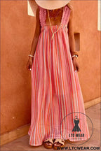 Pink Stripe Ruffled Straps Ribbon Knot Flowy Vacation Maxi Dress