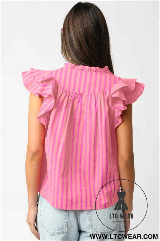 Pink Stripe Split Neck Ruffled Summer Blouse